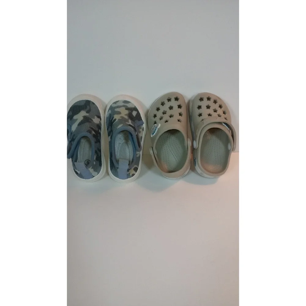 Toddler Boys Size 5 Shoes Bundle Dinosaur Clogs Blue Camo Slip On Sneakers 2pr